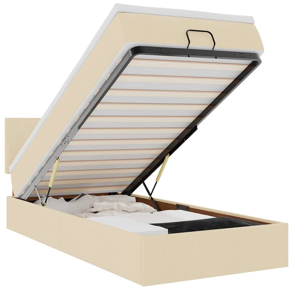 ottoman seng med madras & LEDs 90x200 cm stof cremefarvet