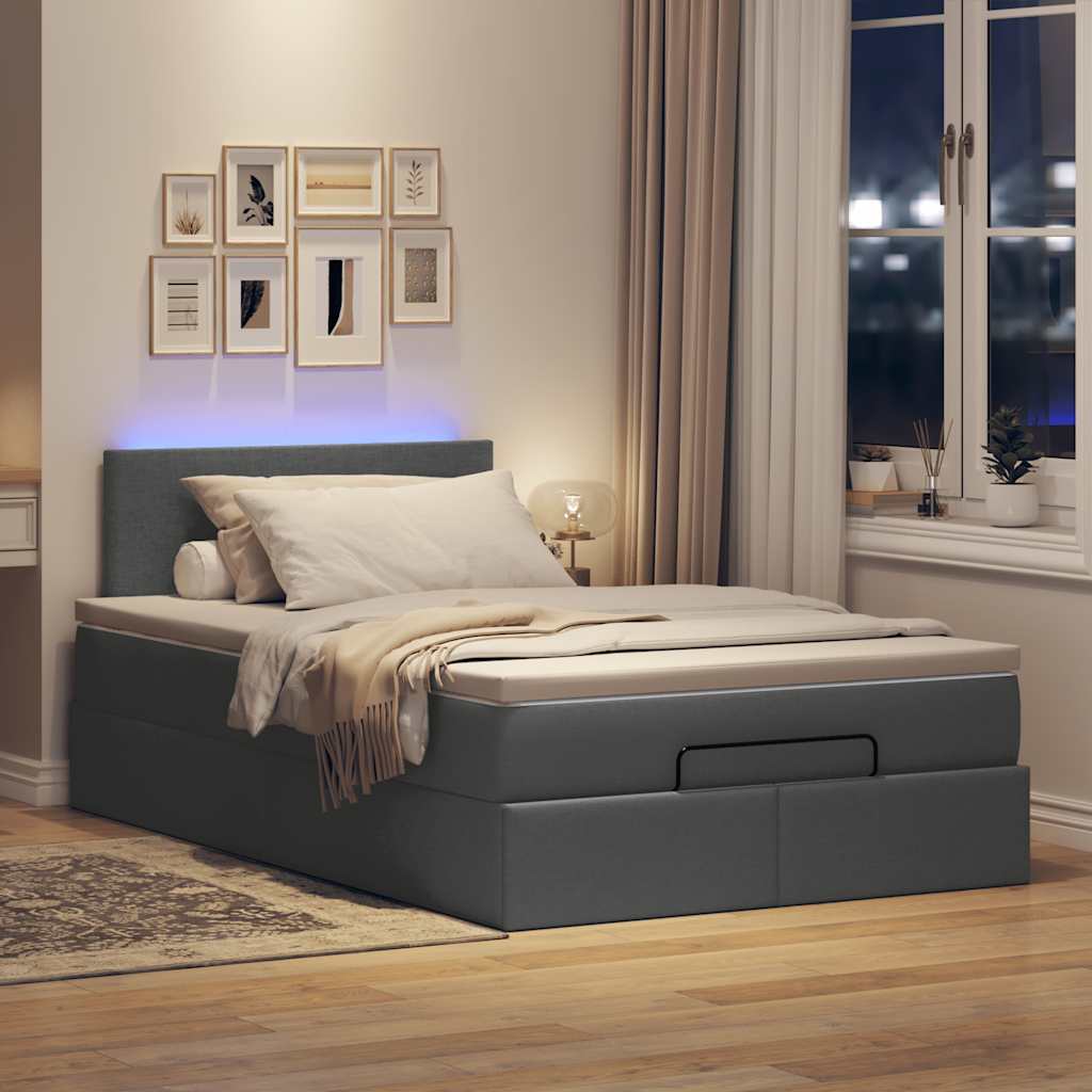 ottoman seng med madras & LEDs 120x190 cm stof mørkegrå