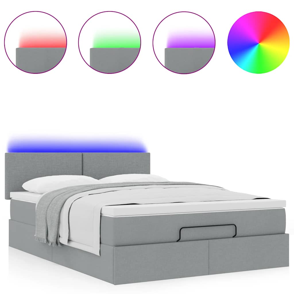 ottoman seng med madras & LEDs 140x190 cm stof lysegrå