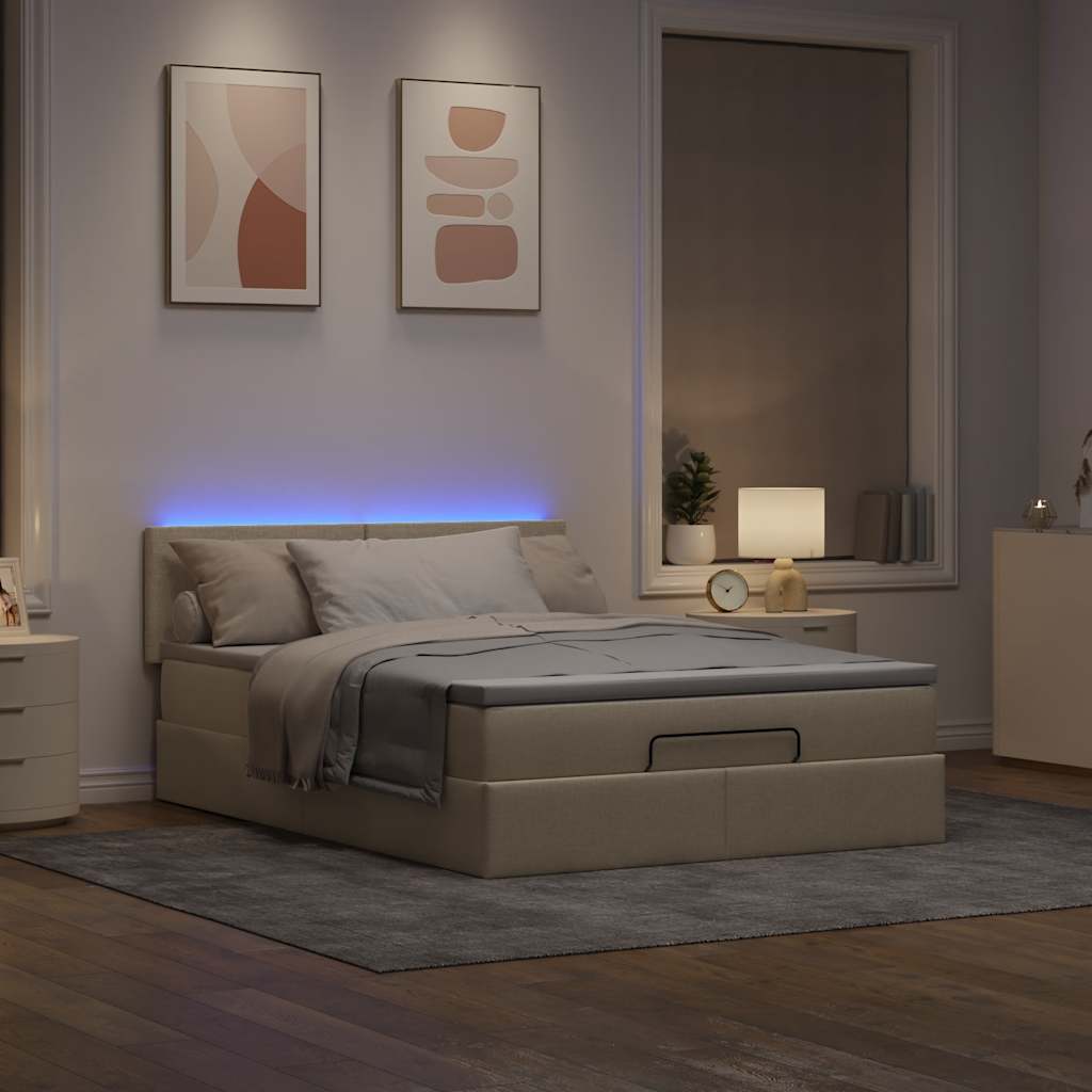ottoman seng med madras & LEDs 140x190 cm stof fløde