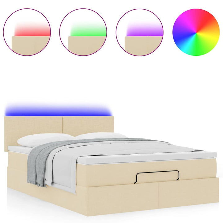 ottoman seng med madras & LEDs 140x190 cm stof fløde