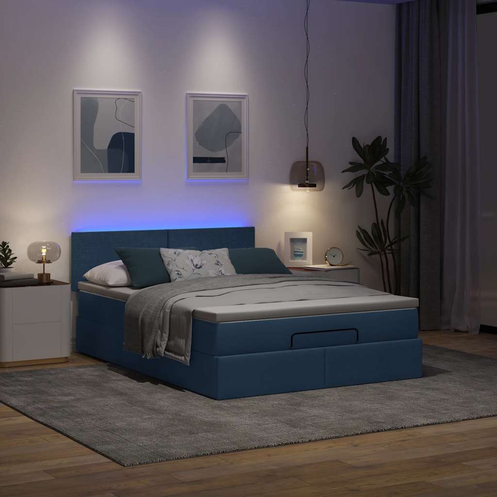 ottoman seng med madras & LEDs 140x190 cm stof Blå