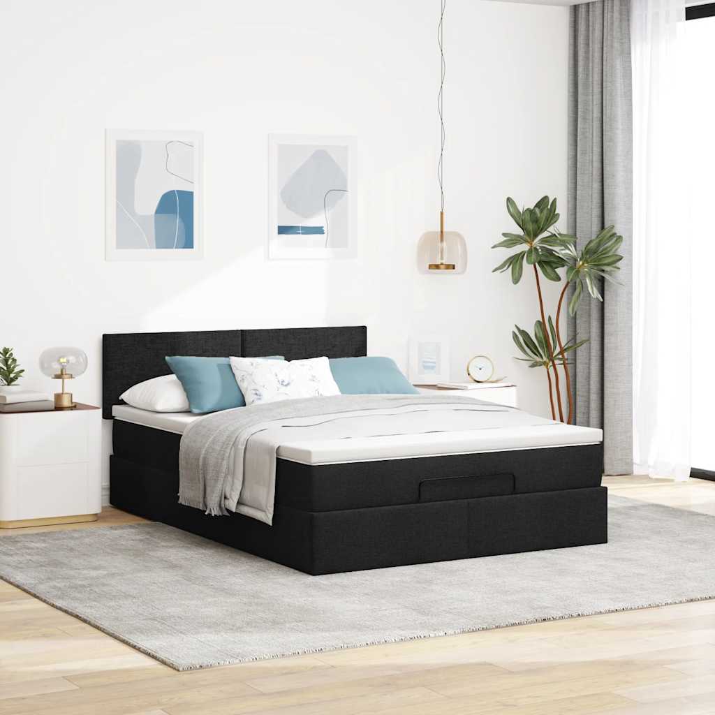 Ottoman seng med madras & LEDs Sort 140x200 cm Stof