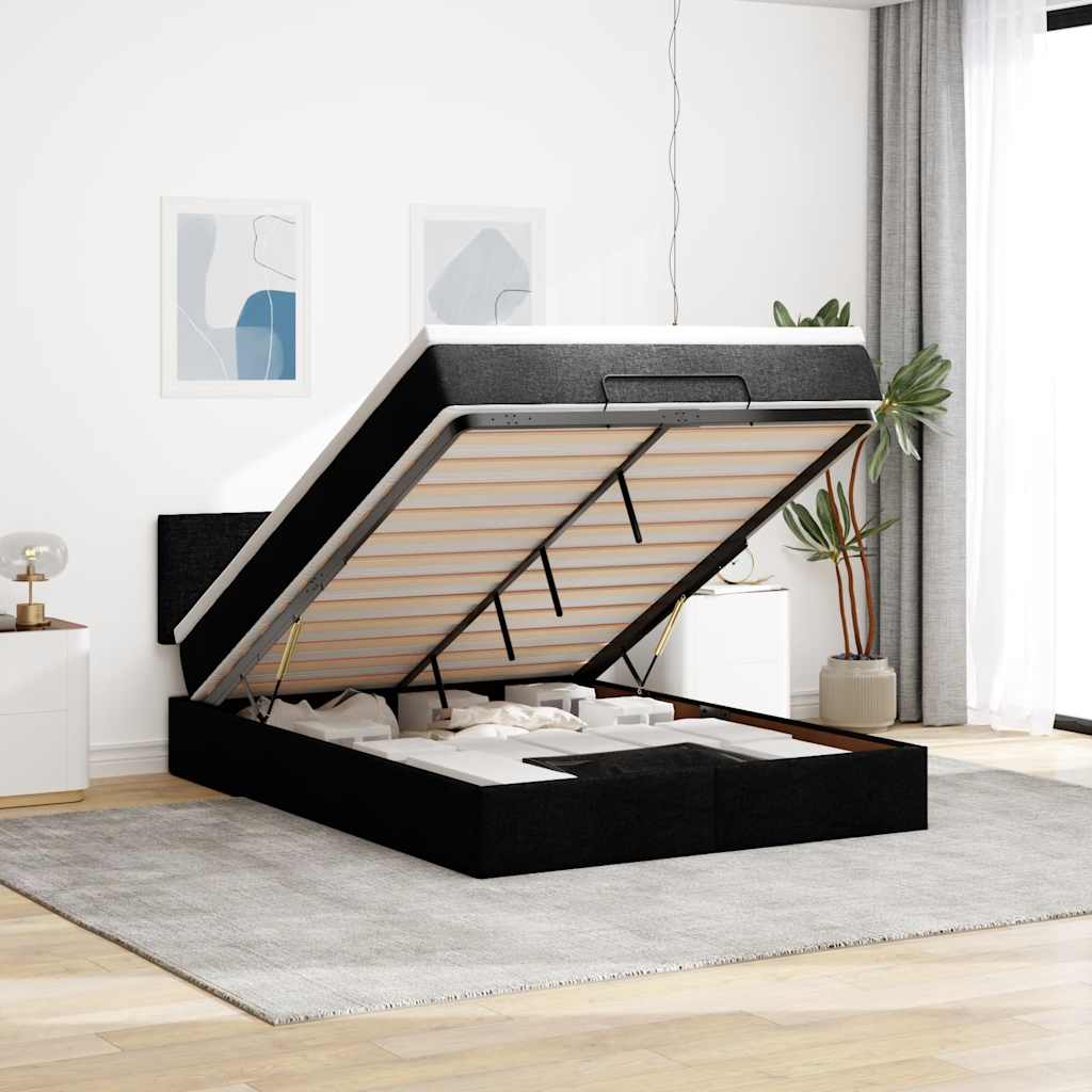 Ottoman seng med madras & LEDs Sort 140x200 cm Stof