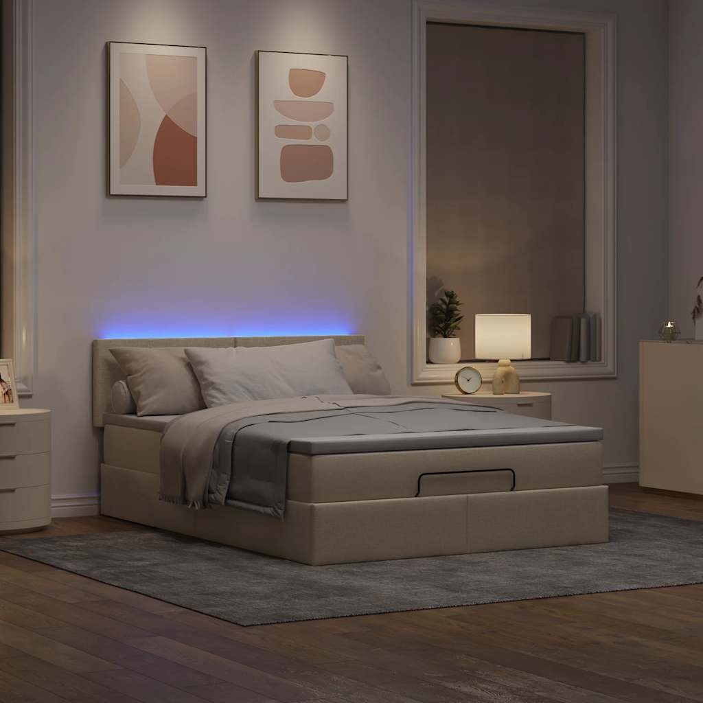 Ottoman seng med madras & LEDs fløde 140x200 cm Stof