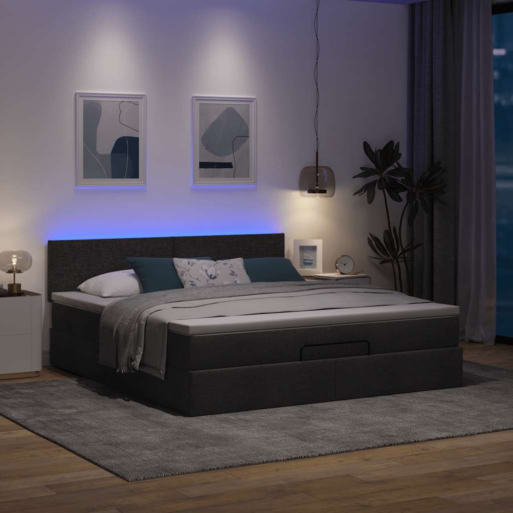 ottoman seng med madras & LEDs 180x200cm stof sort