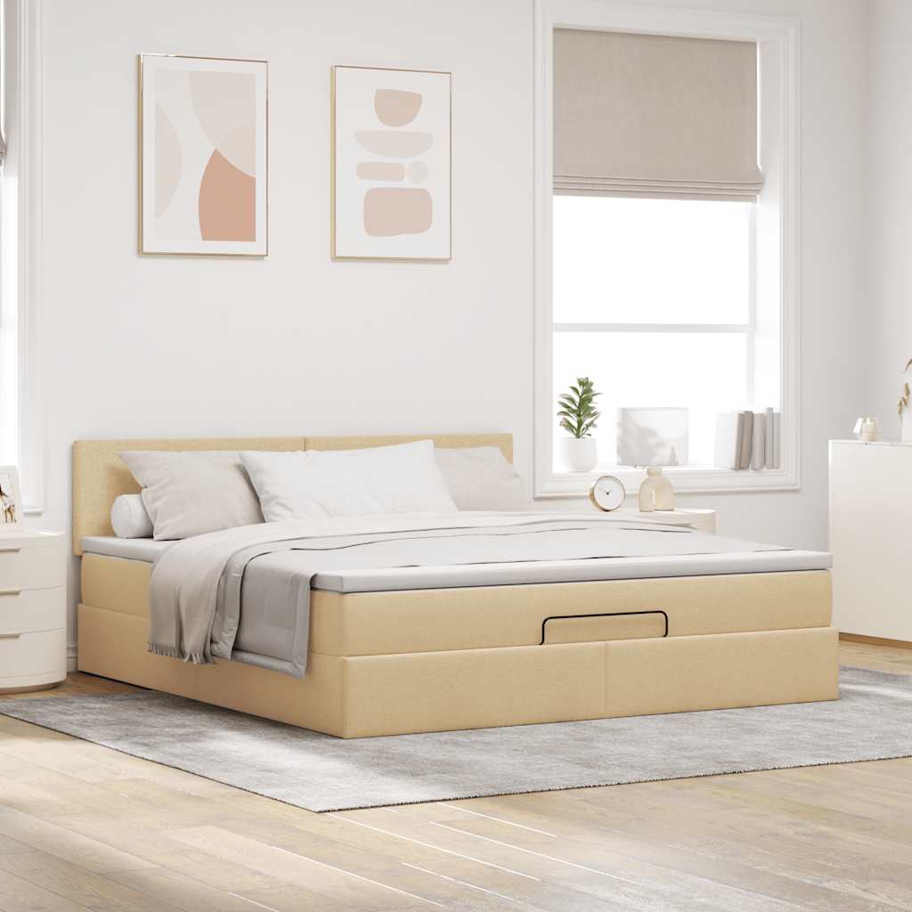 ottoman seng med madras & LEDs 180x200cm stof cremefarvet