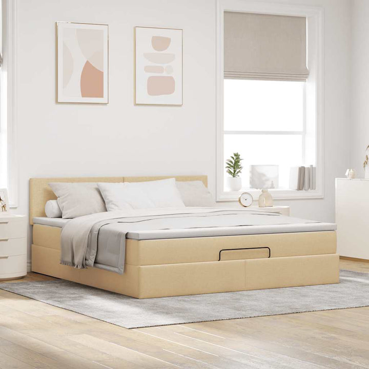 ottoman seng med madras & LEDs 180x200cm stof cremefarvet