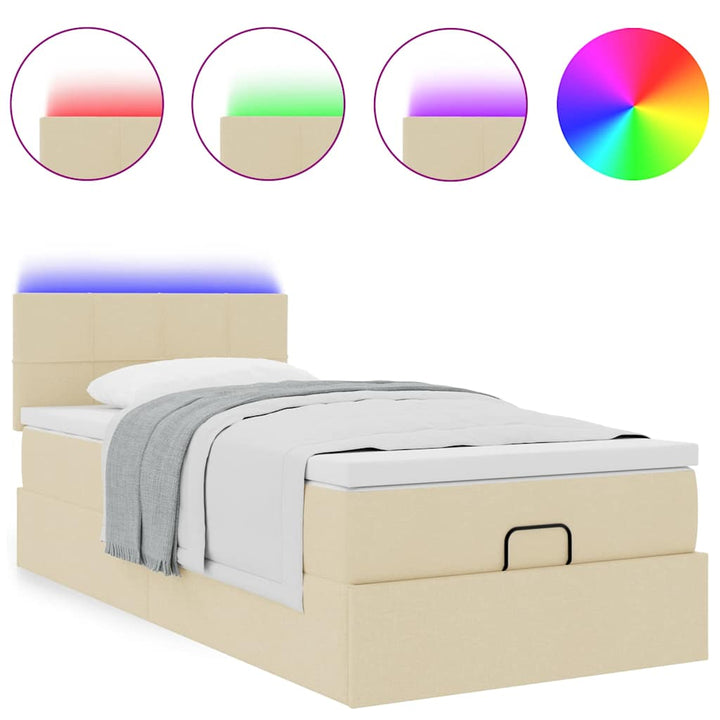 ottoman seng med madras & LEDs 90x200 cm stof cremefarvet