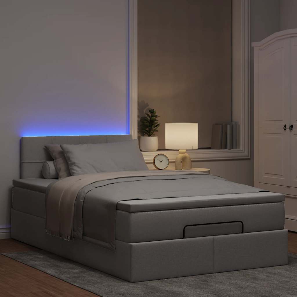 ottoman seng med madras & LEDs 120x190cm stof gråbrun