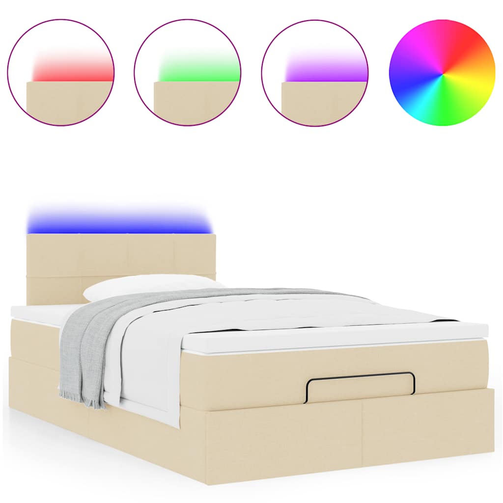 ottoman seng med madras & LEDs 120x190cm stof cremefarvet