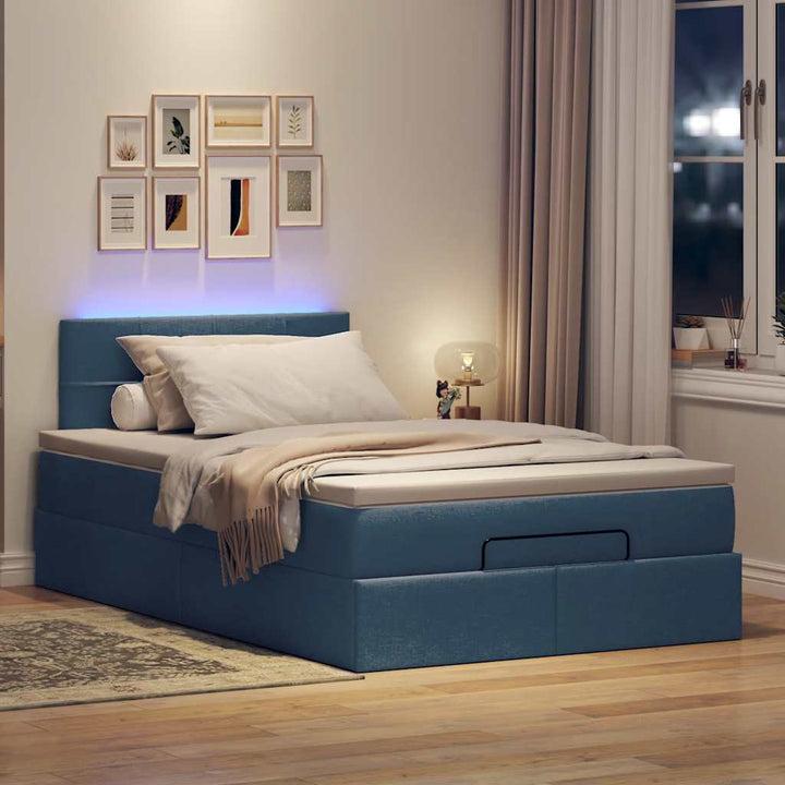 ottoman seng med madras & LEDs 120x190cm stof blå