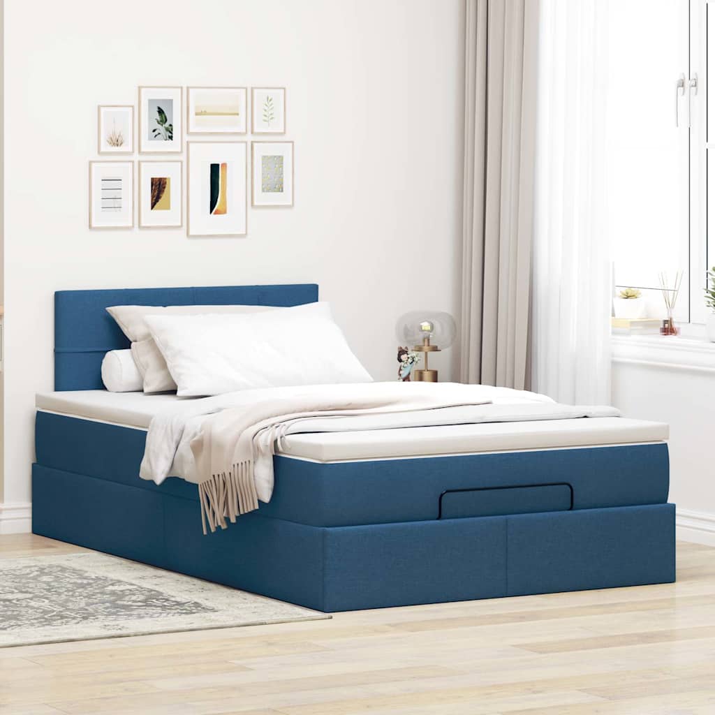 ottoman seng med madras & LEDs 120x190cm stof blå