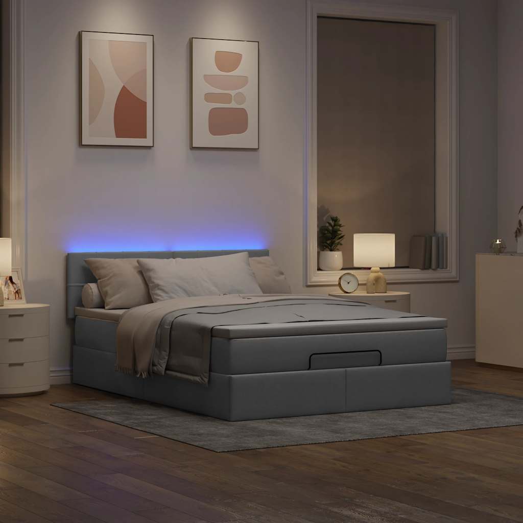 ottoman seng med madras & LEDs 140x190 cm stof lysegrå