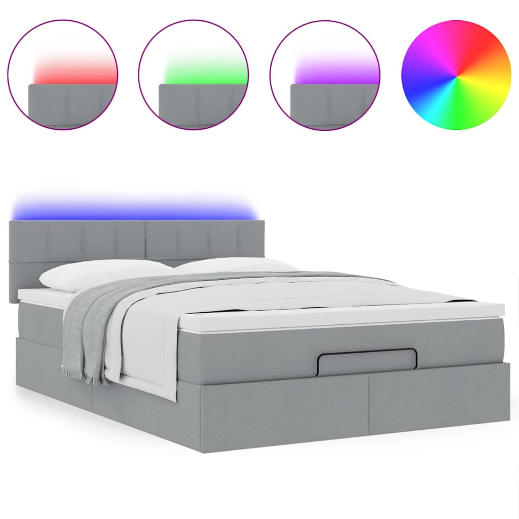 ottoman seng med madras & LEDs 140x190 cm stof lysegrå