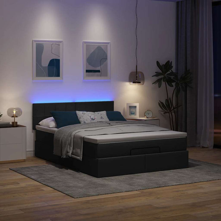 ottoman seng med madras & LEDs 140x190 cm stof Sort