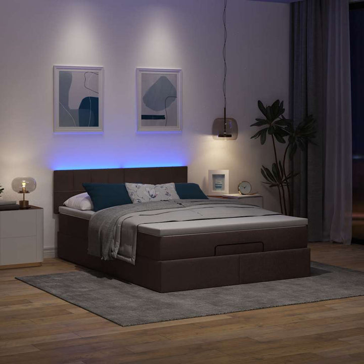 Ottoman seng med madras & LEDs Mørkebrun 140x190 cm Stof