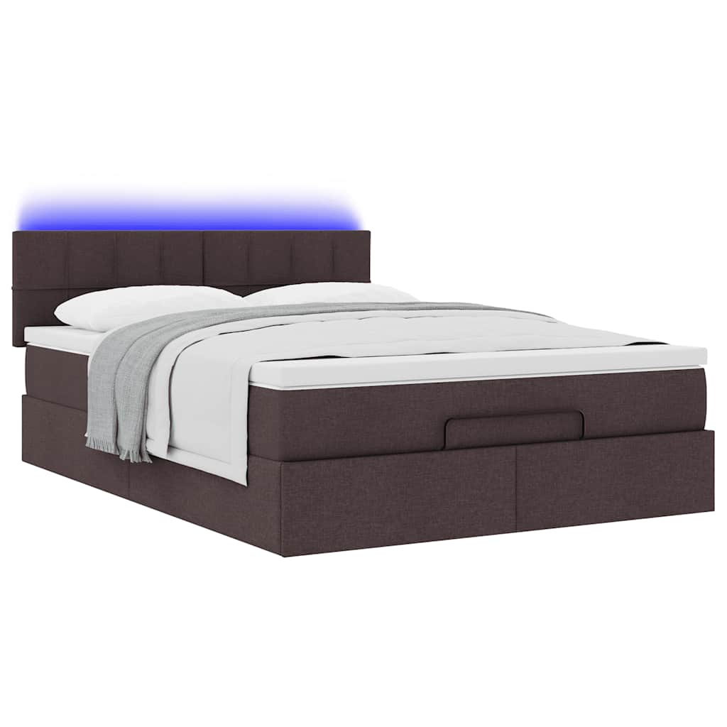 Ottoman seng med madras & LEDs Mørkebrun 140x190 cm Stof
