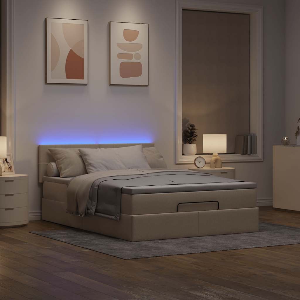 ottoman seng med madras & LEDs 140x190 cm stof fløde