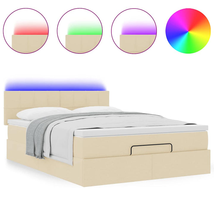 ottoman seng med madras & LEDs 140x190 cm stof fløde