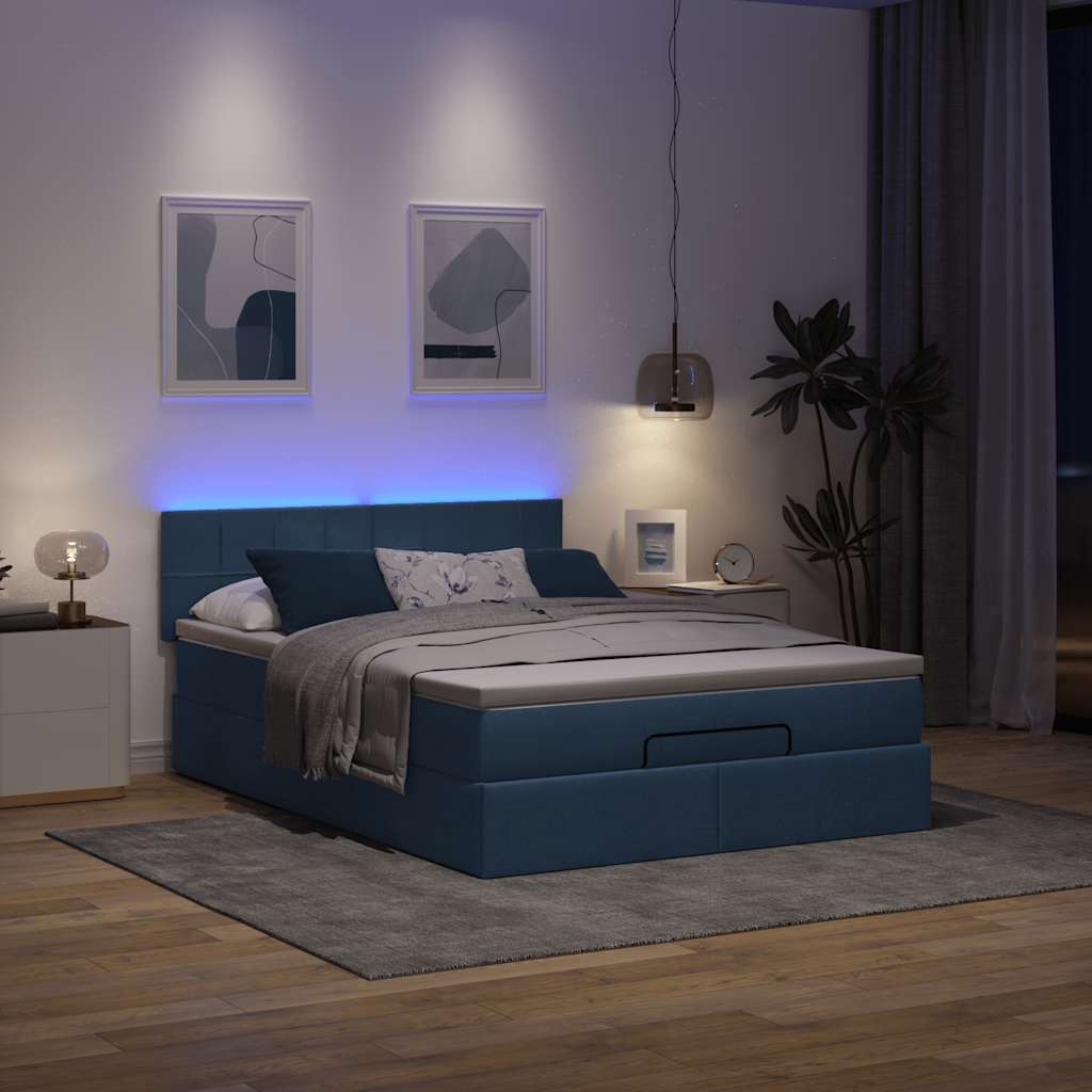 ottoman seng med madras & LEDs 140x190 cm stof Blå