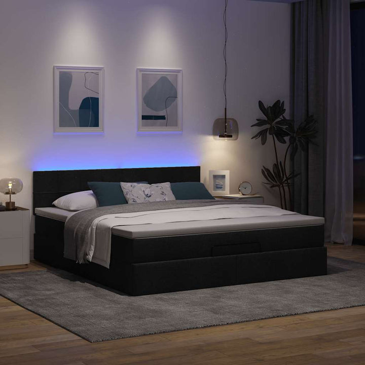 ottoman seng med madras & LEDs 180x200cm stof sort