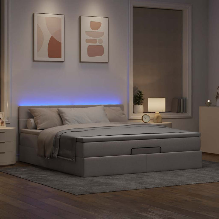 ottoman seng med madras & LEDs 180x200cm stof gråbrun