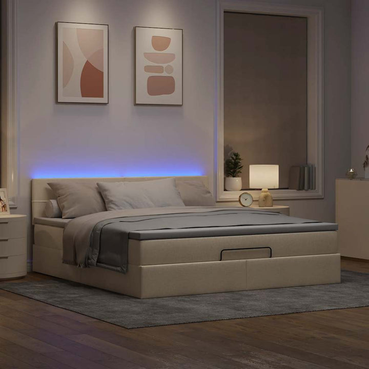 ottoman seng med madras & LEDs 180x200cm stof cremefarvet