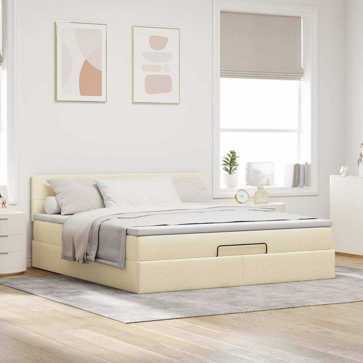ottoman seng med madras & LEDs 180x200cm stof cremefarvet