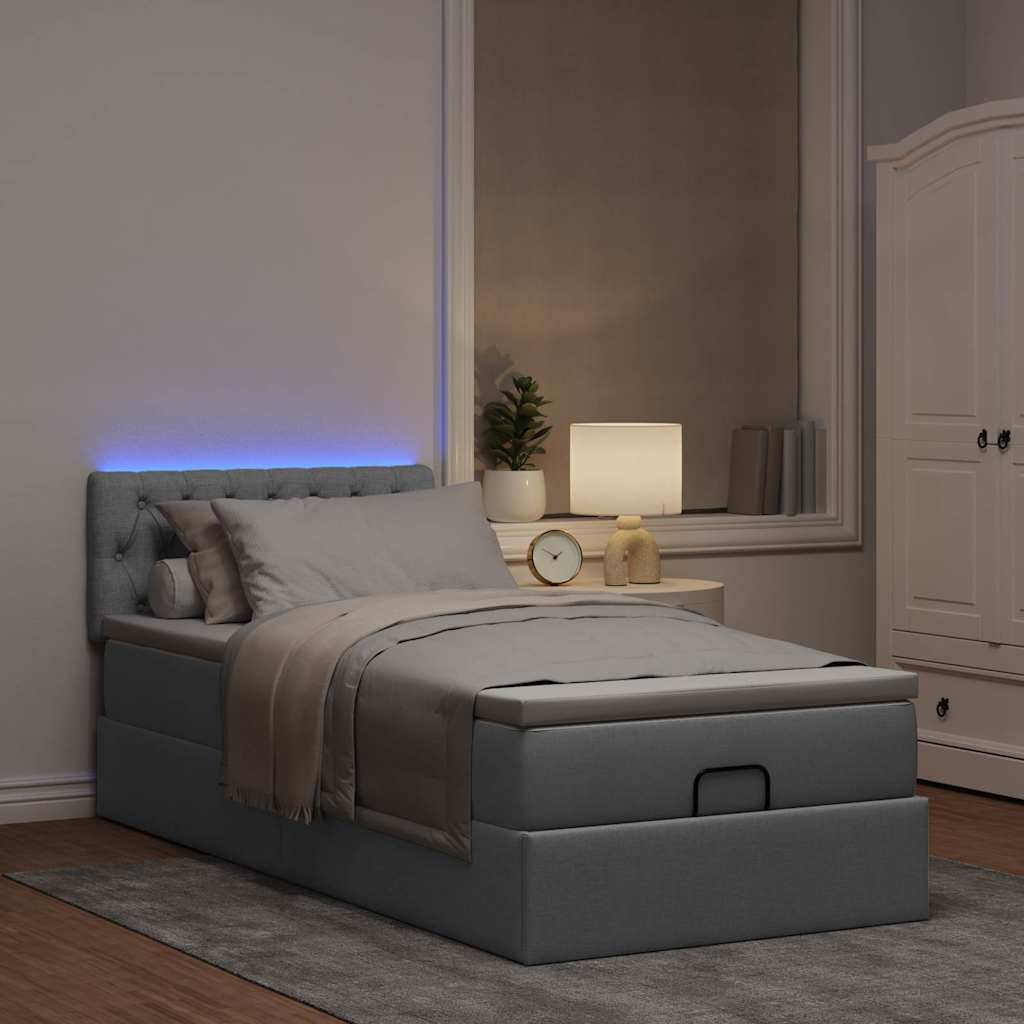 ottoman seng med madras & LEDs 90x200 cm stof lysegrå