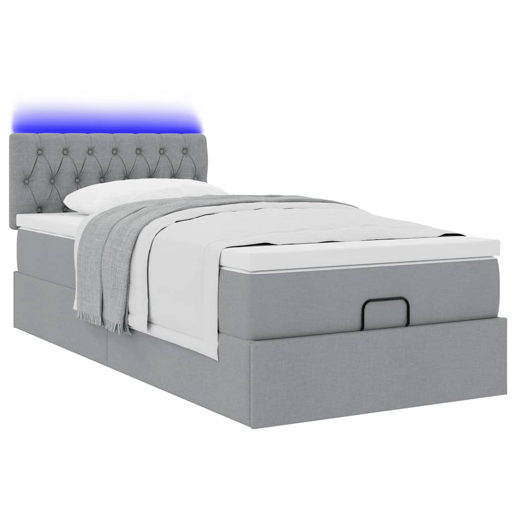 ottoman seng med madras & LEDs 90x200 cm stof lysegrå