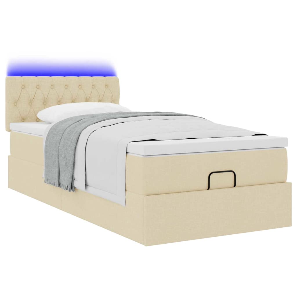 ottoman seng med madras & LEDs 90x200 cm stof cremefarvet