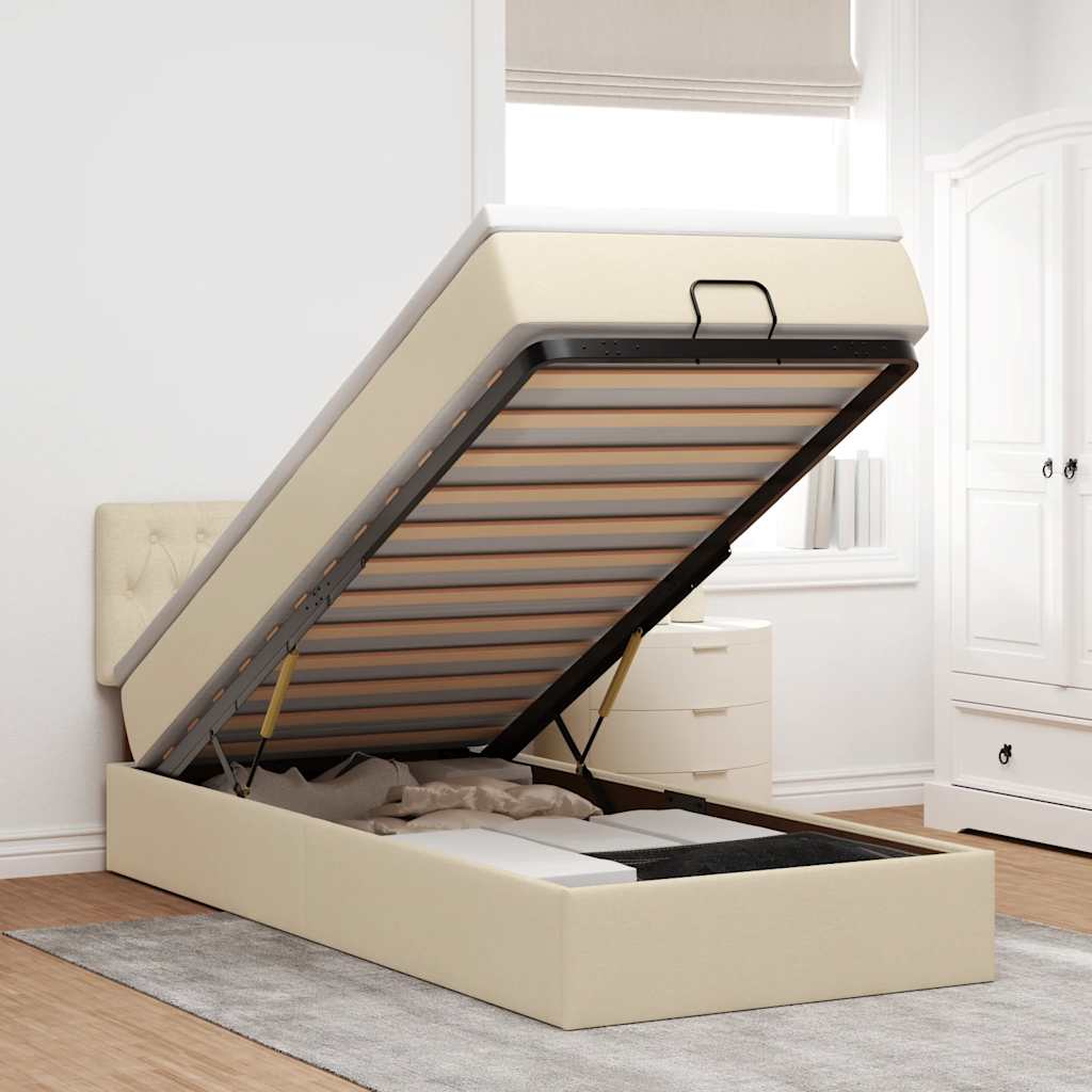 ottoman seng med madras & LEDs 90x200 cm stof cremefarvet