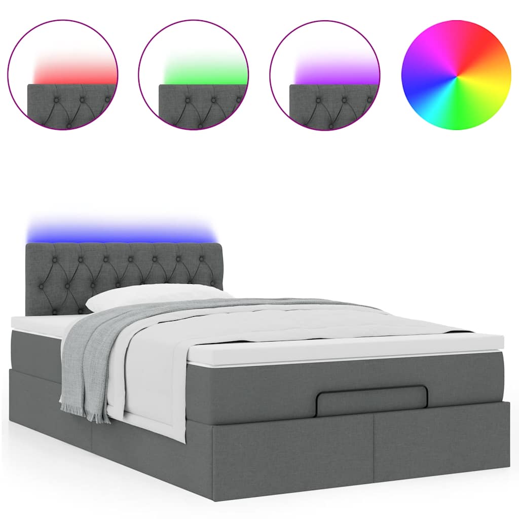 ottoman seng med madras & LEDs 120x190 cm stof mørkegrå
