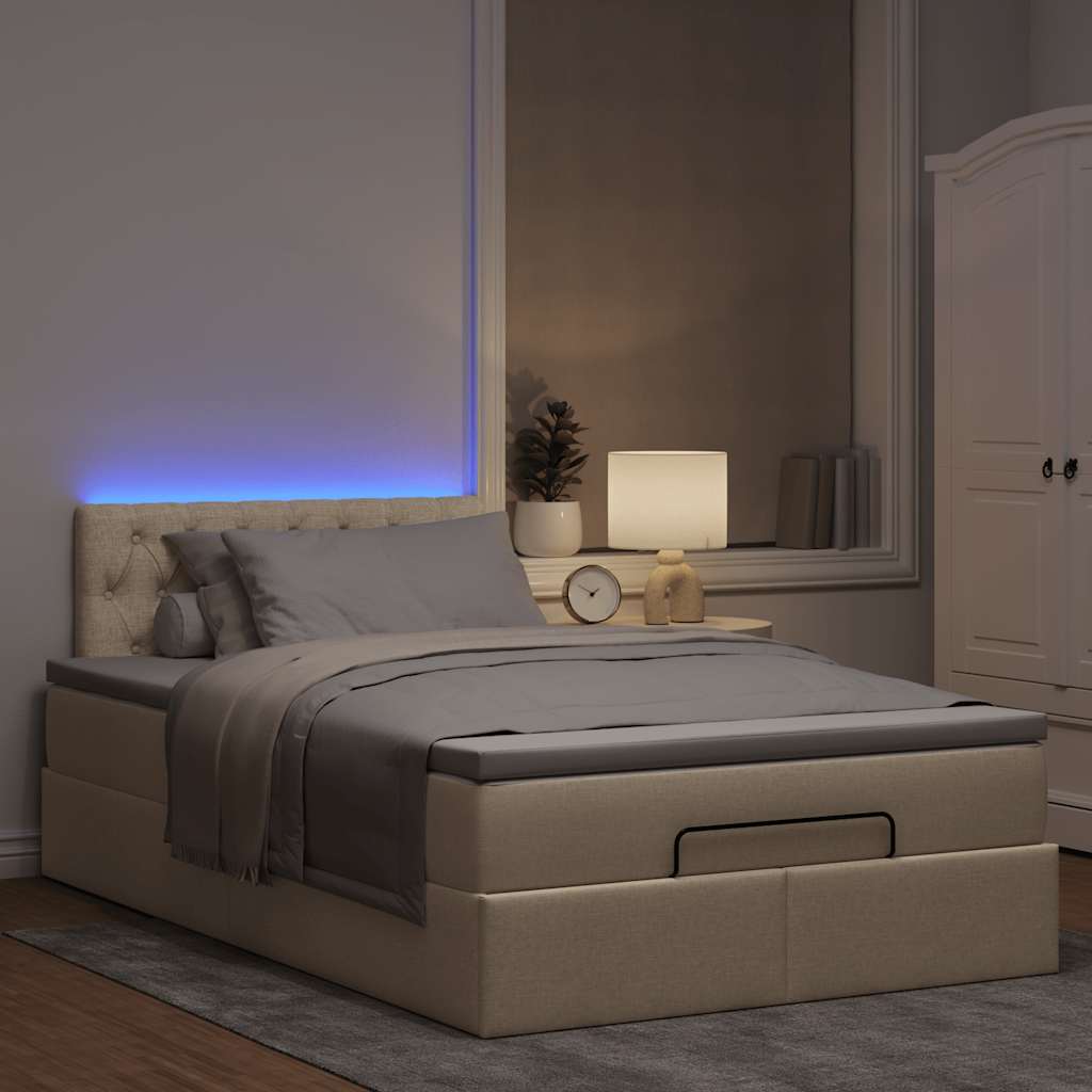 ottoman seng med madras & LEDs 120x190cm stof cremefarvet
