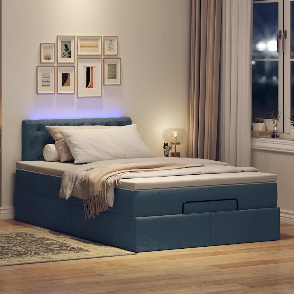 ottoman seng med madras & LEDs 120x190cm stof blå