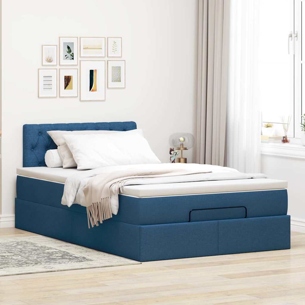 ottoman seng med madras & LEDs 120x190cm stof blå