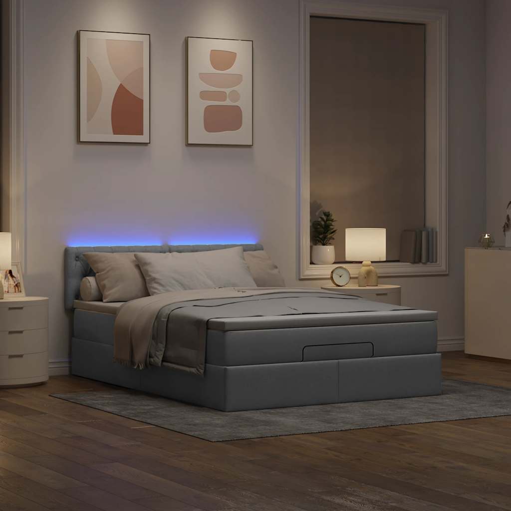 ottoman seng med madras & LEDs 140x190 cm stof lysegrå