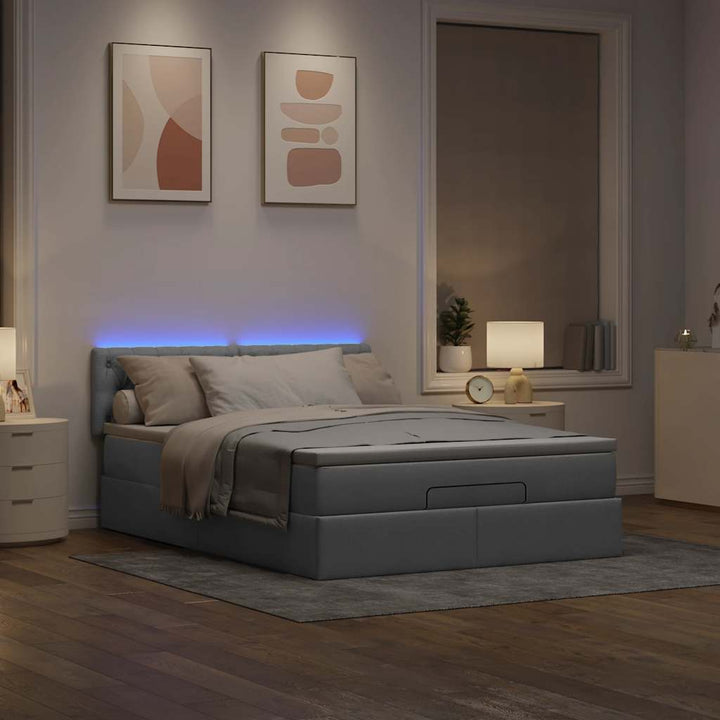 ottoman seng med madras & LEDs 140x190 cm stof lysegrå