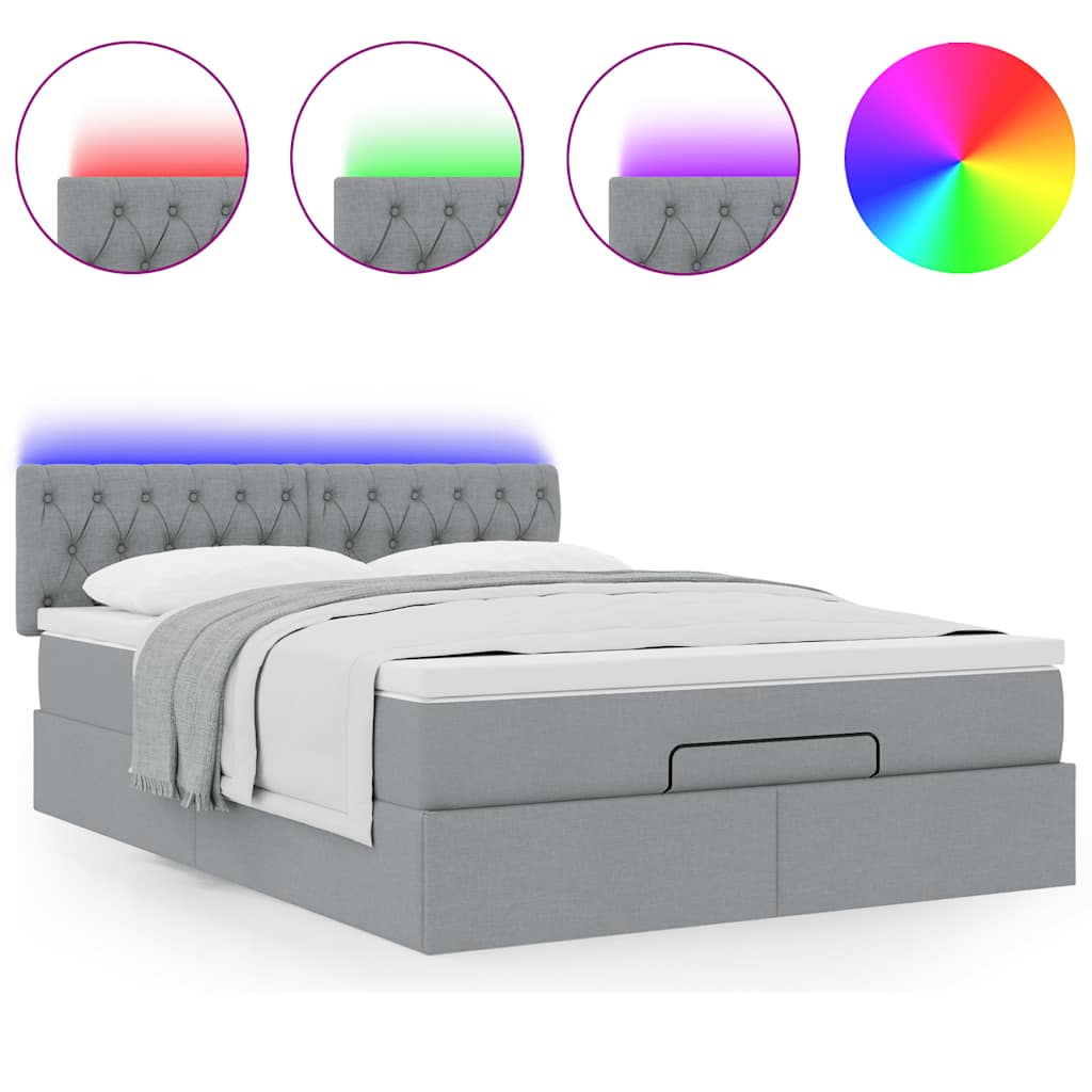 ottoman seng med madras & LEDs 140x190 cm stof lysegrå