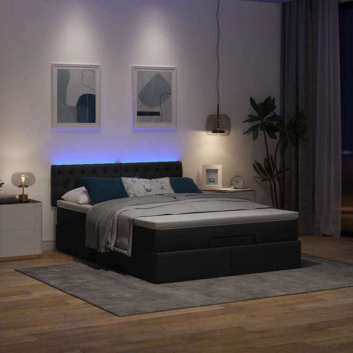 ottoman seng med madras & LEDs 140x190 cm stof Sort