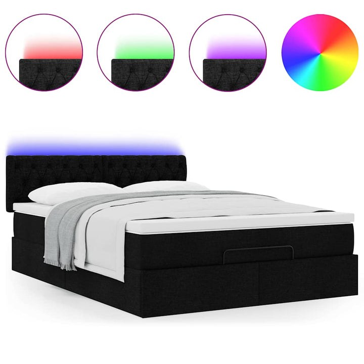 ottoman seng med madras & LEDs 140x190 cm stof Sort