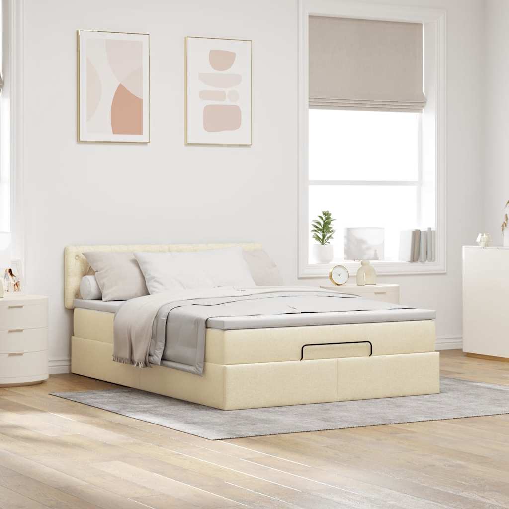 ottoman seng med madras & LEDs 140x190 cm stof fløde