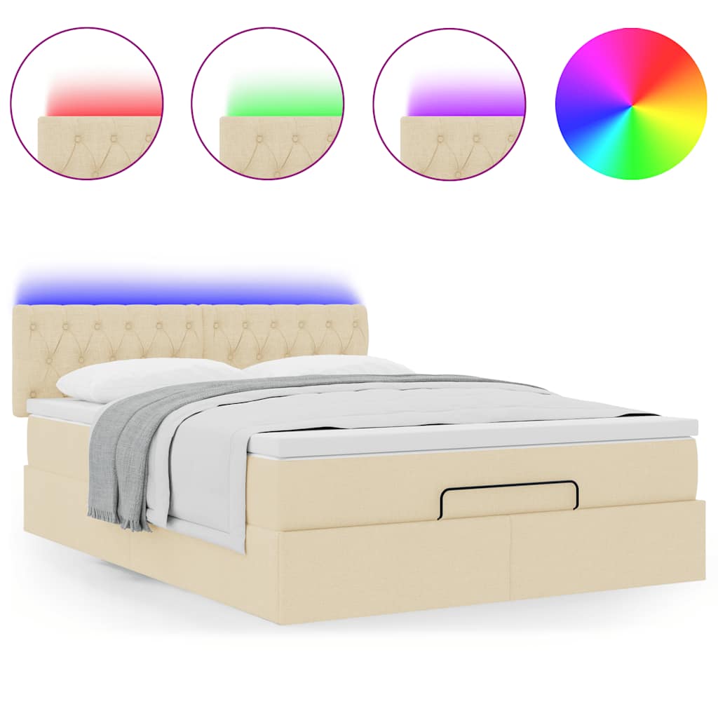 ottoman seng med madras & LEDs 140x190 cm stof fløde