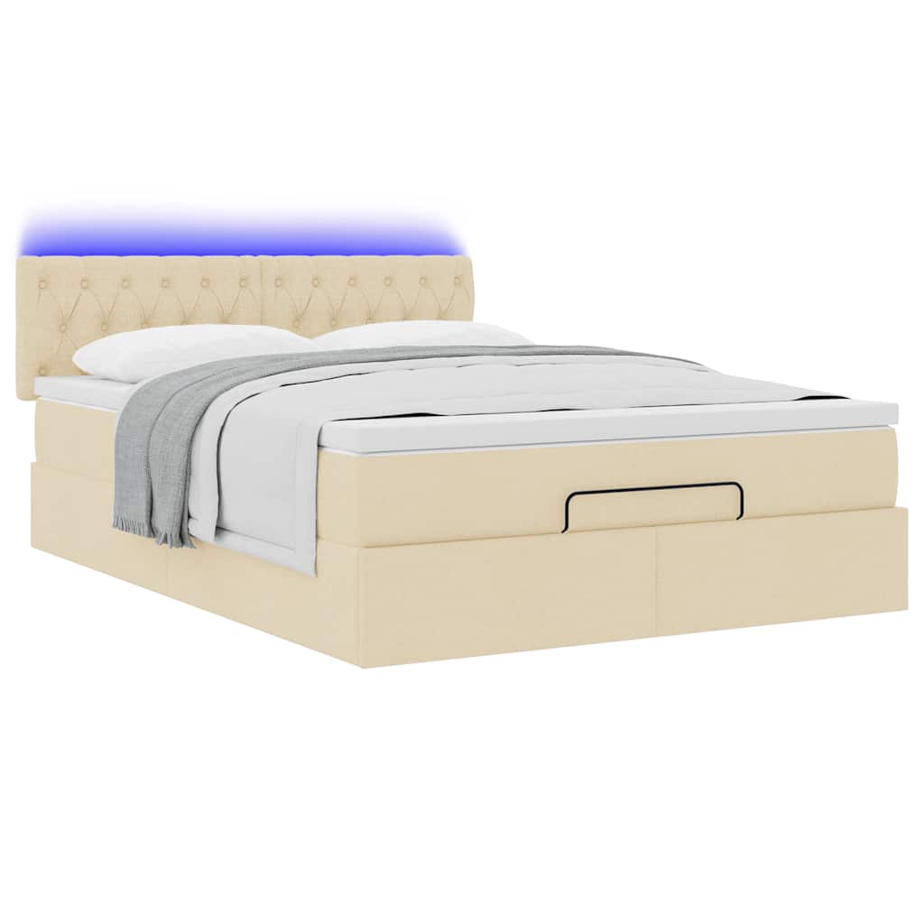 ottoman seng med madras & LEDs 140x190 cm stof fløde