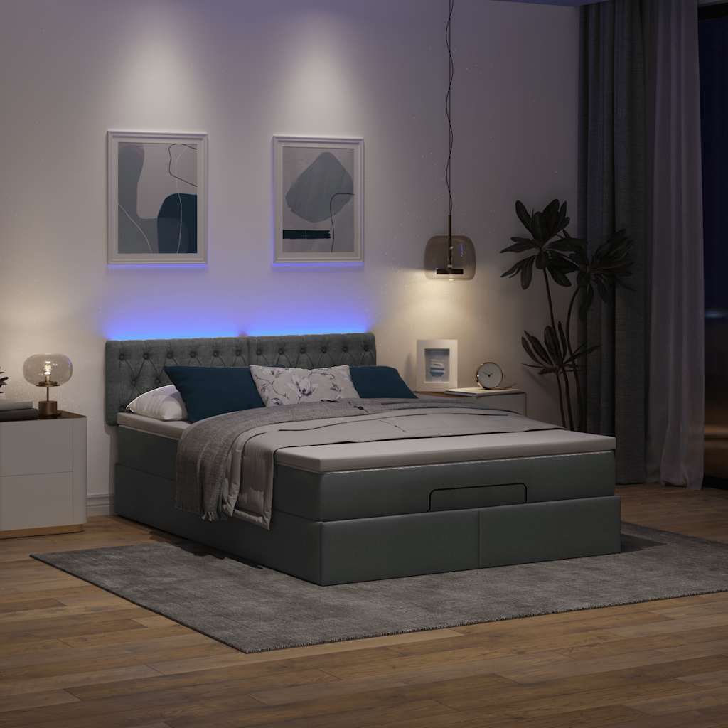 Ottoman seng med madras & LEDs Mørkegrå 140x200 cm Stof