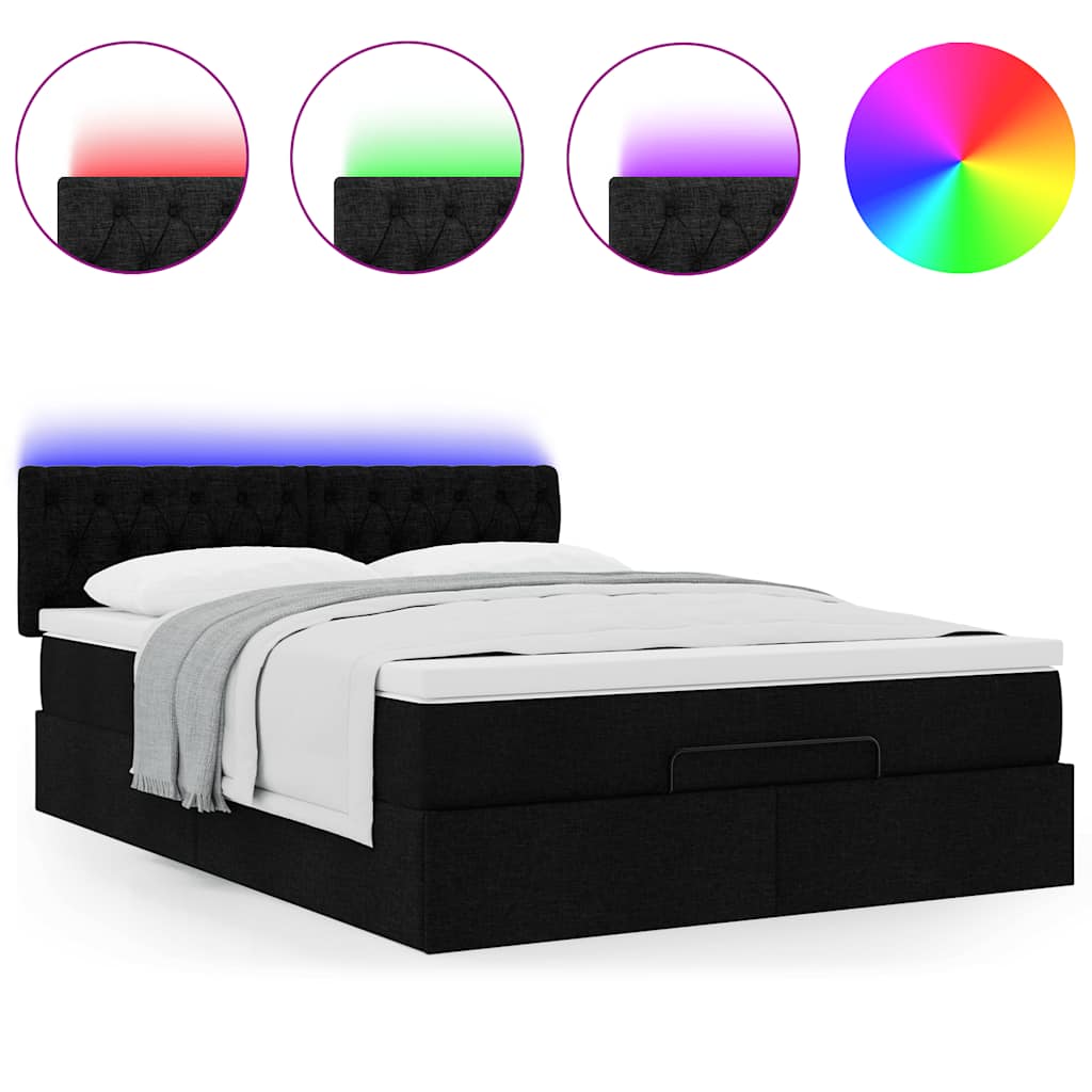 Ottoman seng med madras & LEDs Sort 140x200 cm Stof