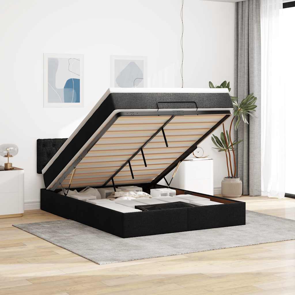 Ottoman seng med madras & LEDs Sort 140x200 cm Stof