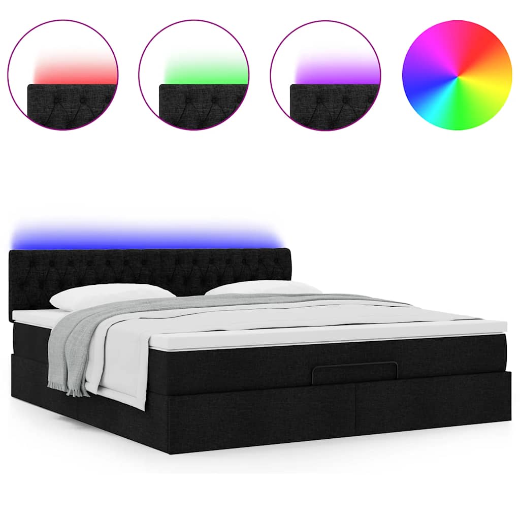 ottoman seng med madras & LEDs 180x200cm stof sort