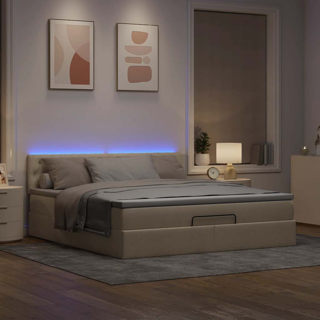 ottoman seng med madras & LEDs 180x200cm stof cremefarvet